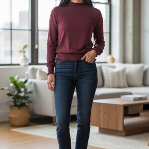 (E-121)A New Day Women’s Burgundy Smocked Mock Neck Blouse Long Sleeve Size M